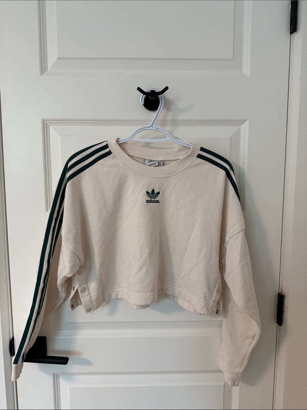 adidas Cream Cropped Sweatshirt with Dark Green Stripes